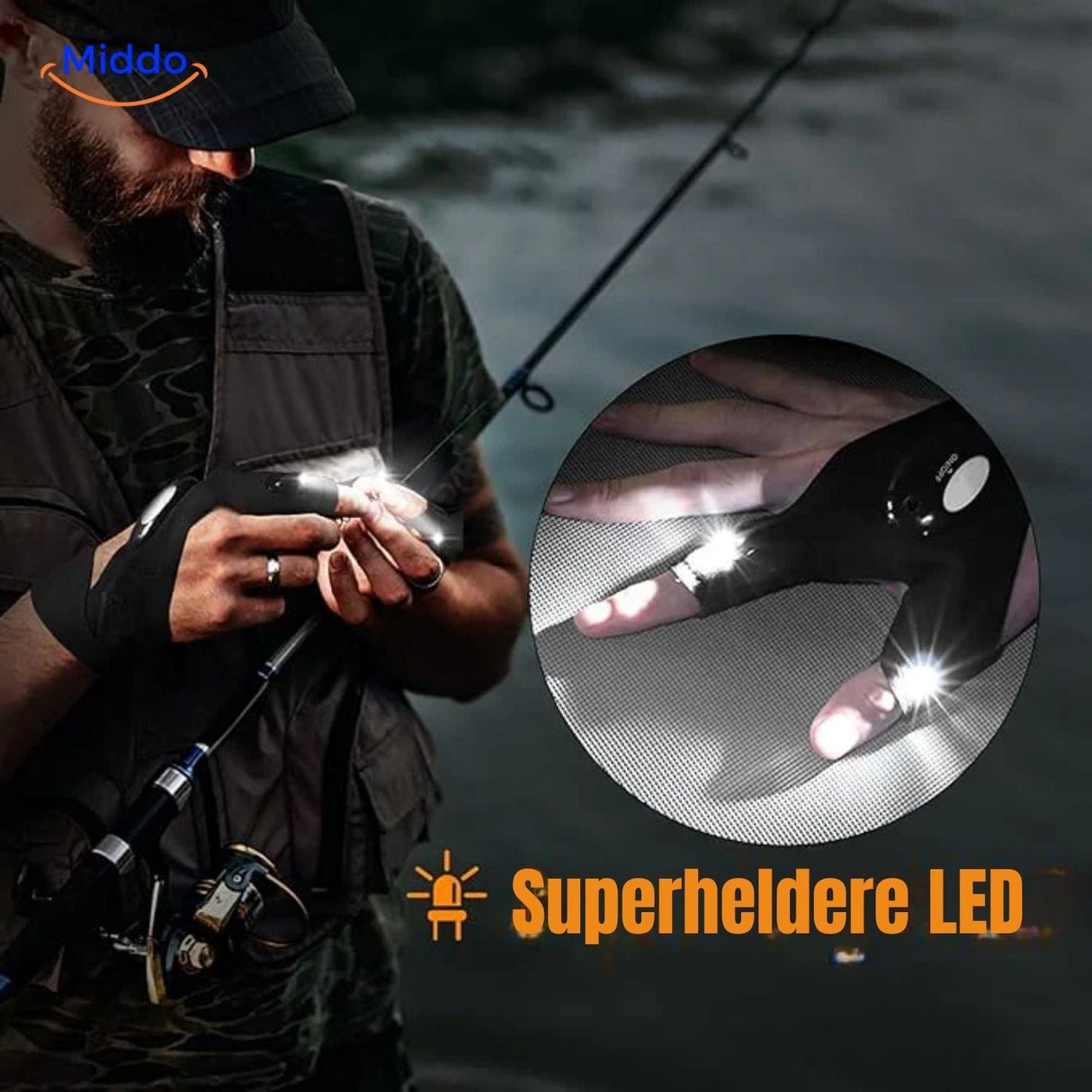 LED gloves showcasing key features including dual lights and adjustable fit.
