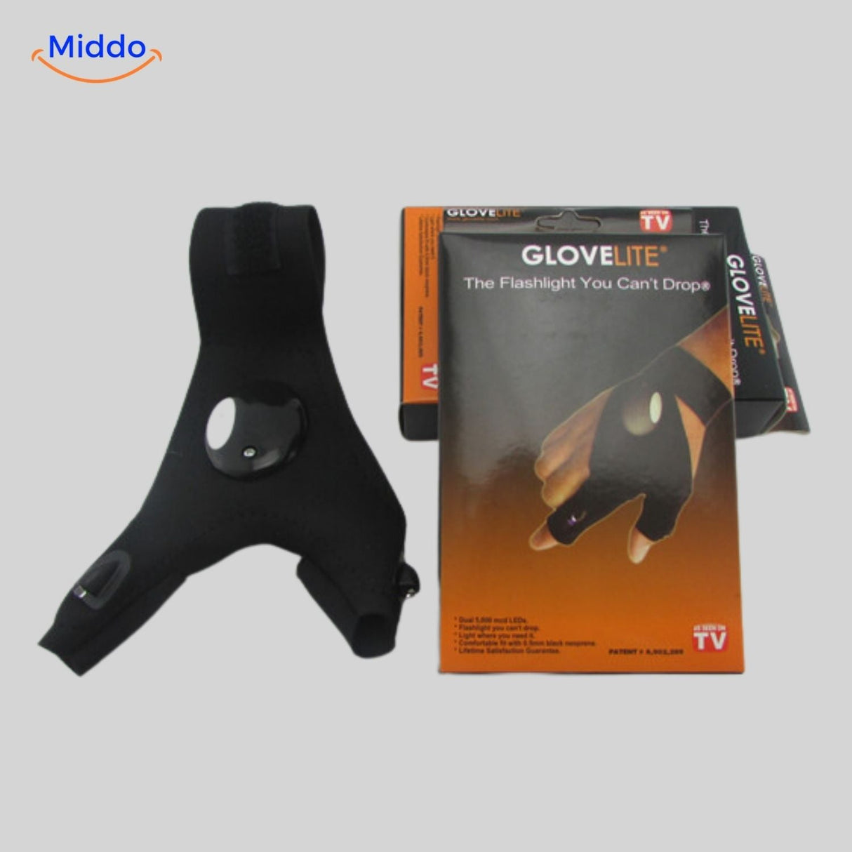 LED gloves shown with product packaging and integrated on-off switch.