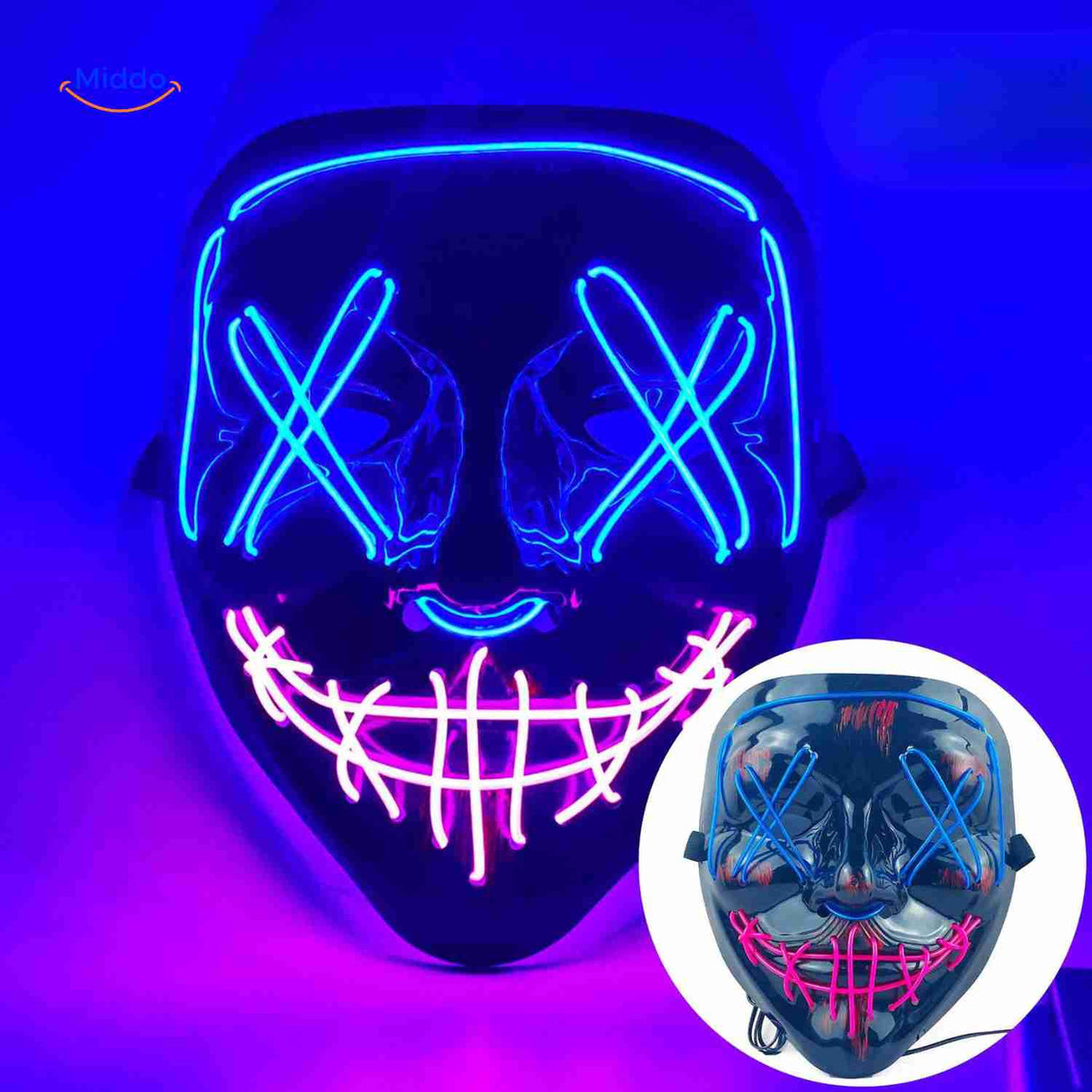 LED glow mask featuring blue, purple, and pink light effects for parties.