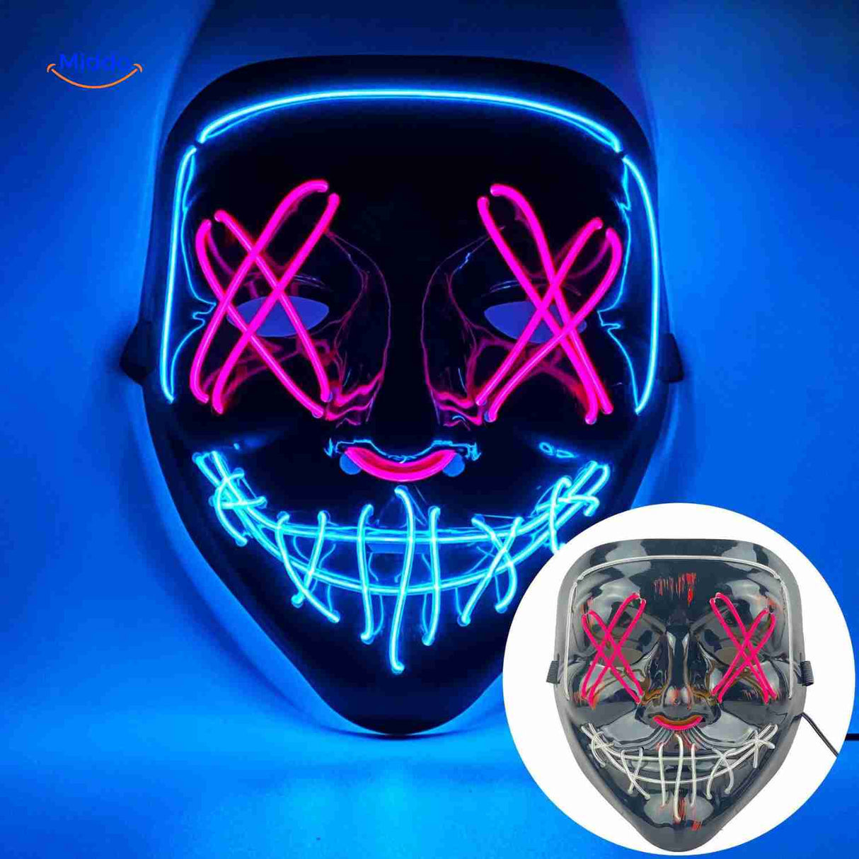 Light-up mask with vibrant pink and blue LED colors.