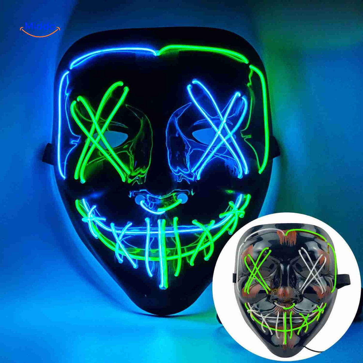 Glow mask with purple and blue LED combination for striking Halloween appeal.