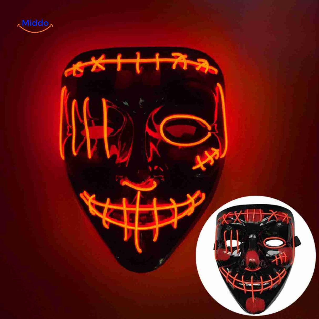 LED Halloween mask with red glow and stitch-inspired design.