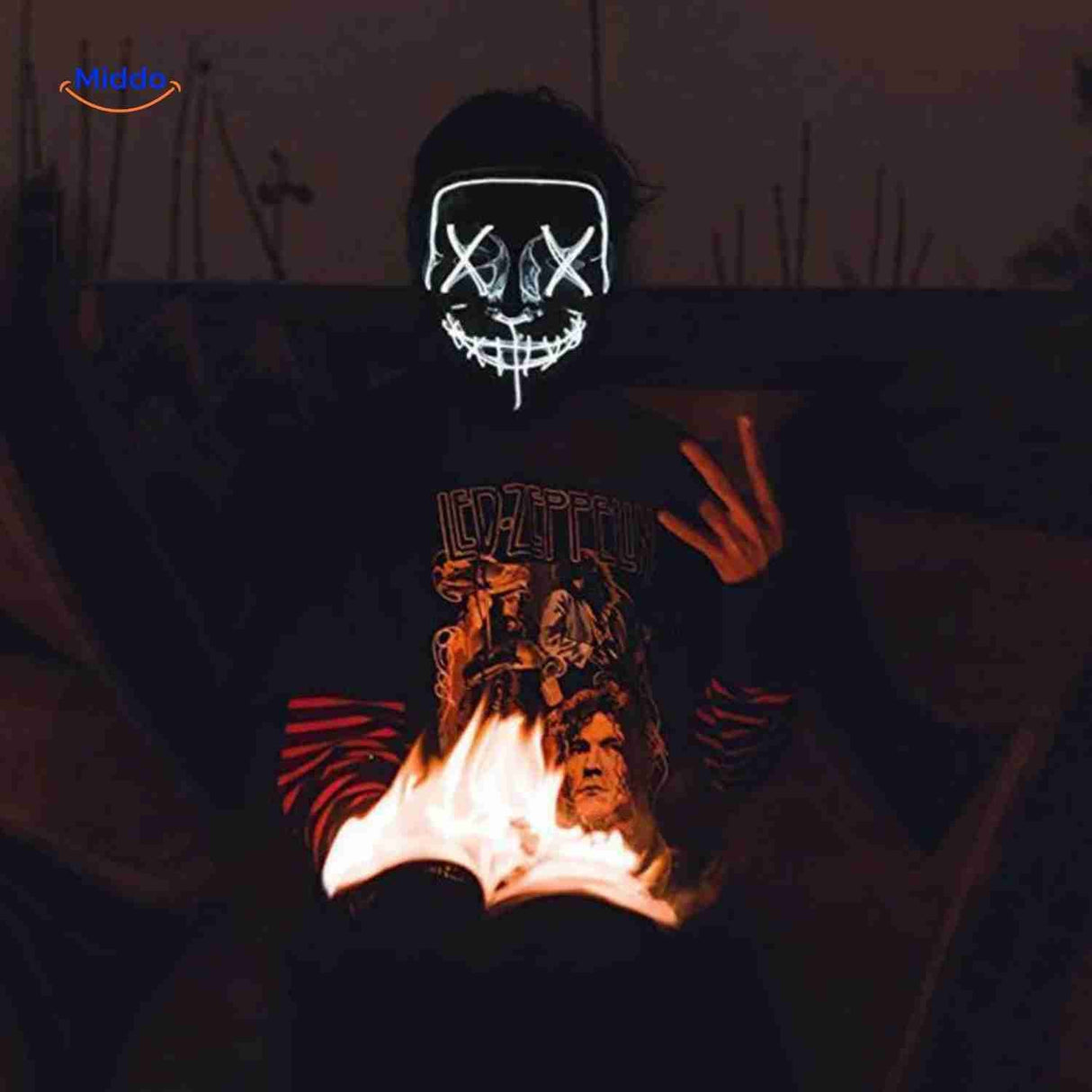 LED mask model showing white light glow effect on person.