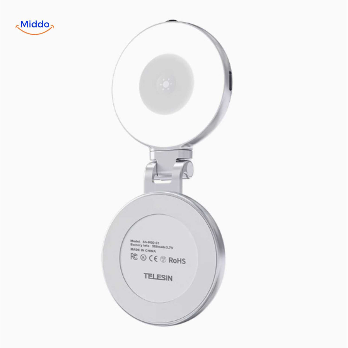 Rechargeable LED ring light with flexible hinge bracket.
