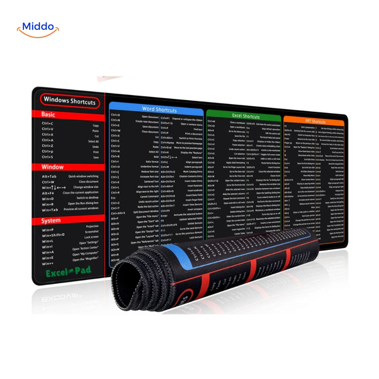 Lernopad office mouse pad displaying Windows, Word, Excel, and PowerPoint shortcut key guides.