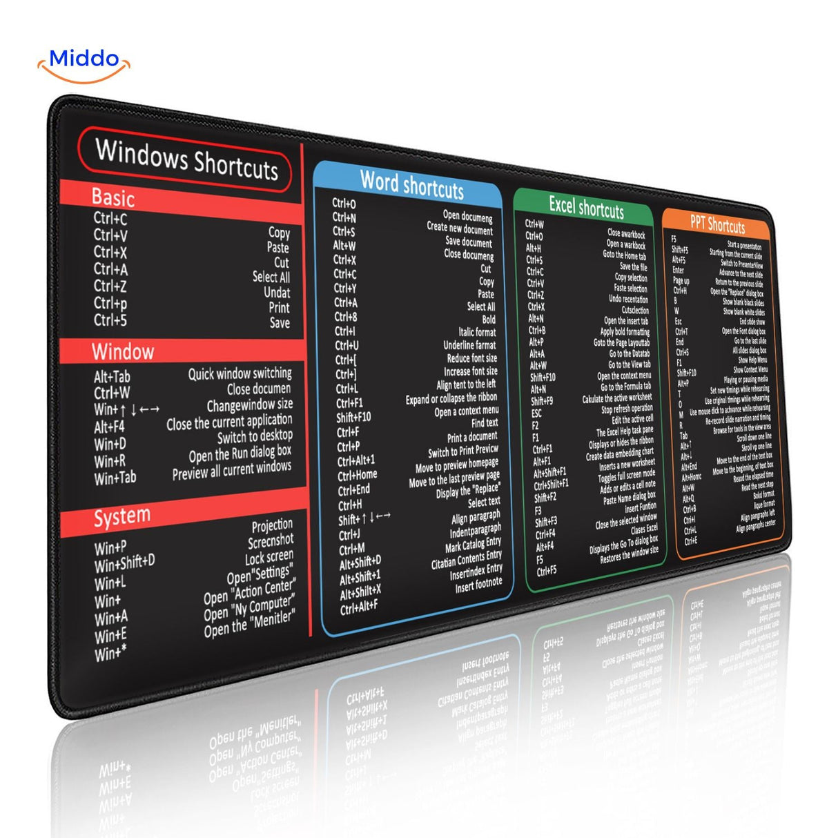 Lernopad office mouse pad with Windows, Word, Excel, and PowerPoint keyboard shortcuts guide.