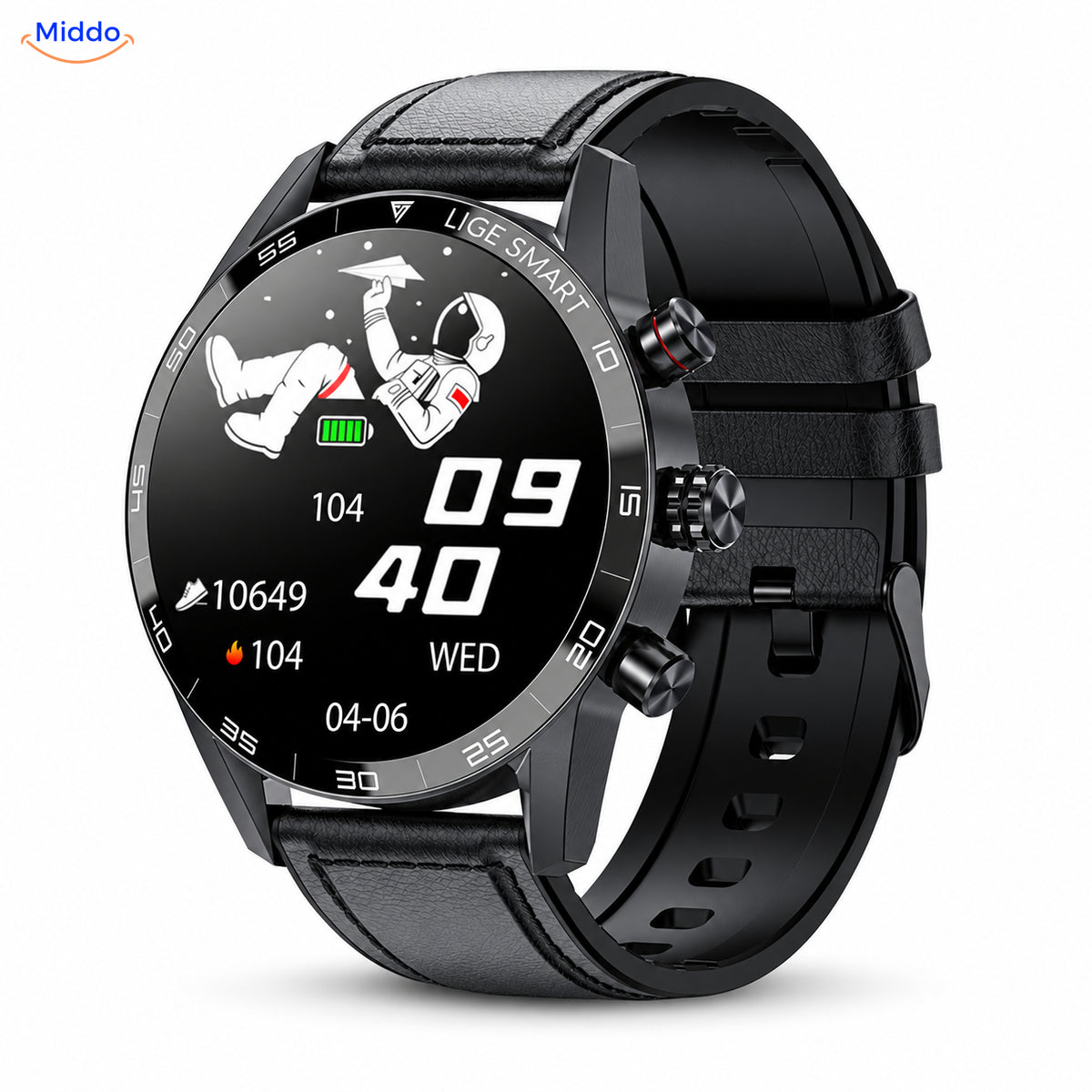 LIGE smartwatch with black leather strap