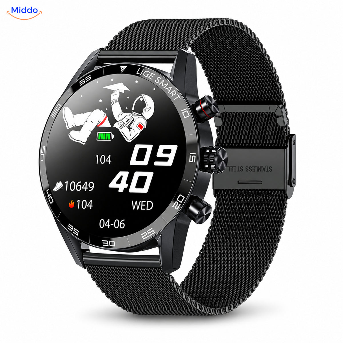 LIGE smartwatch with black mesh strap