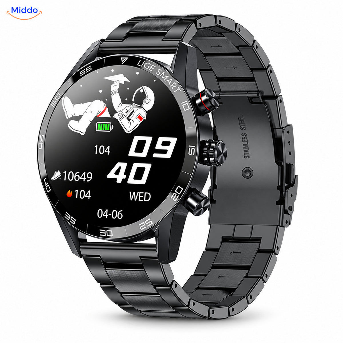 LIGE smartwatch with black steel strap