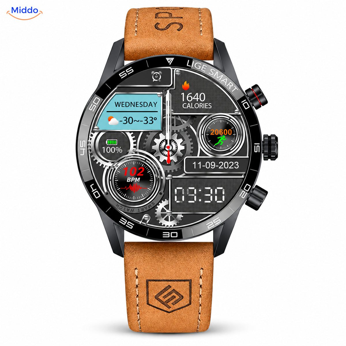 LIGE smartwatch with brown leather strap