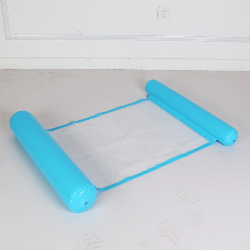 Light blue inflatable water hammock in swimming pool.