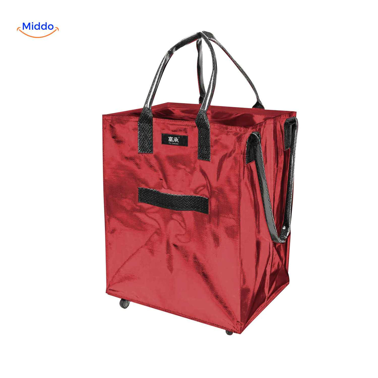 Lightweight red folding shopping trolley with handles and smooth wheels