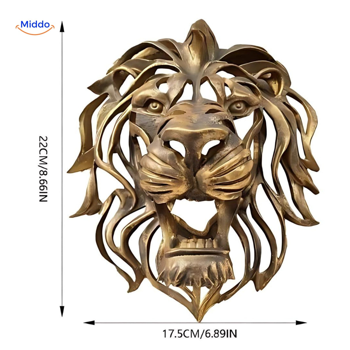 Lion head wall sculpture with measurement scale for size and installation reference.