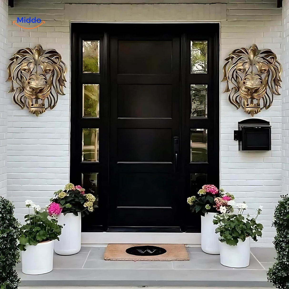 Golden lion head resin sculpture mounted on an entryway wall with modern home decor.