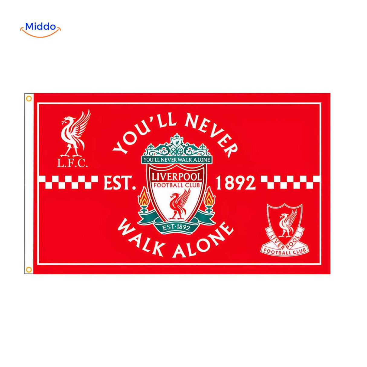 Liverpool supporters flag featuring the iconic club motto and heritage.