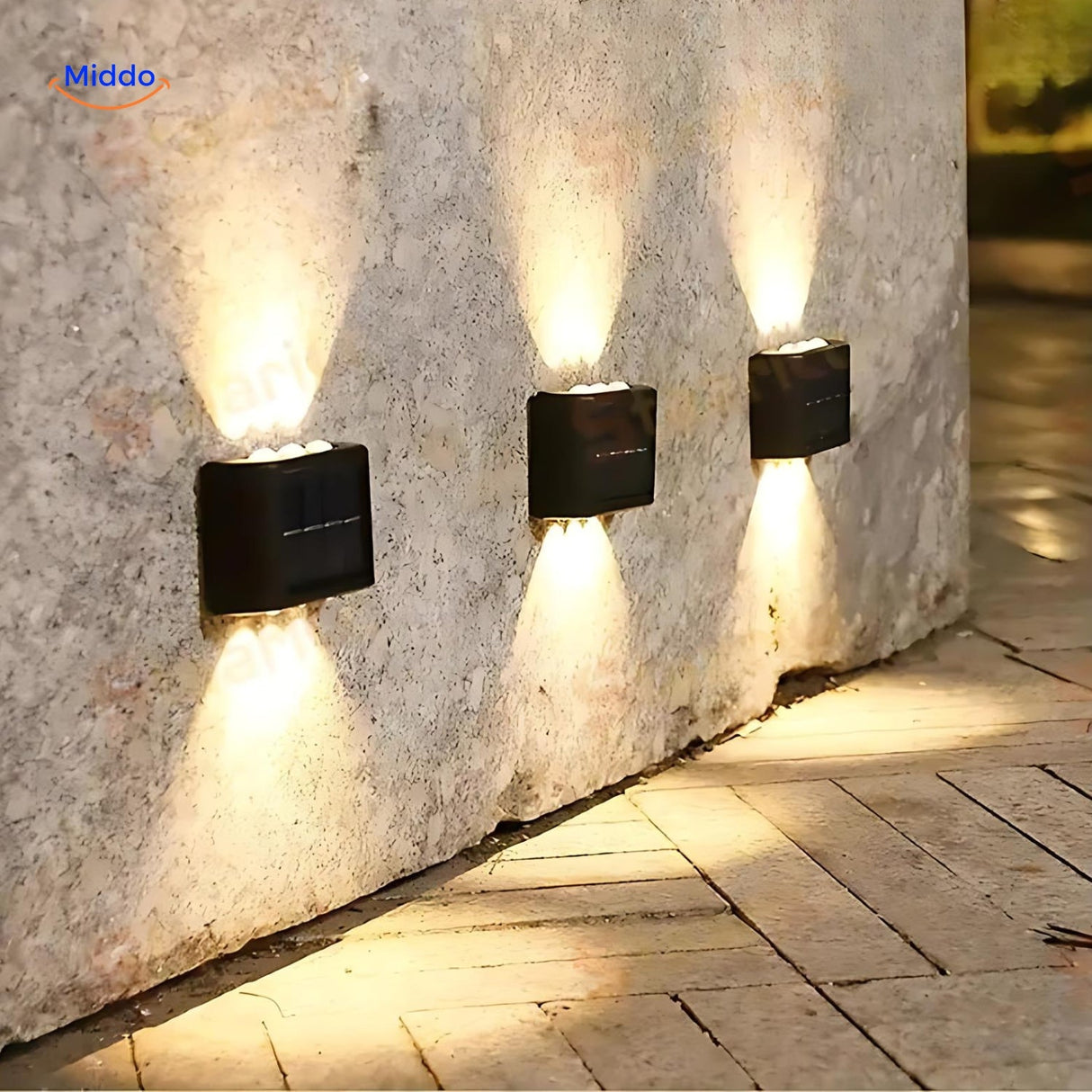 Lumibright dual-head solar wall light mounted on exterior wall for outdoor spaces.