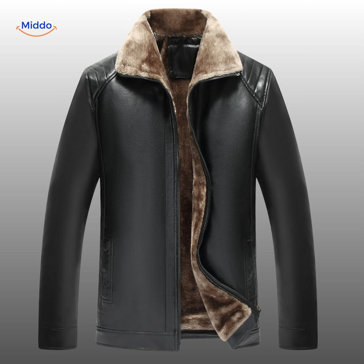 Premium black leather jacket with plush fur collar detail.