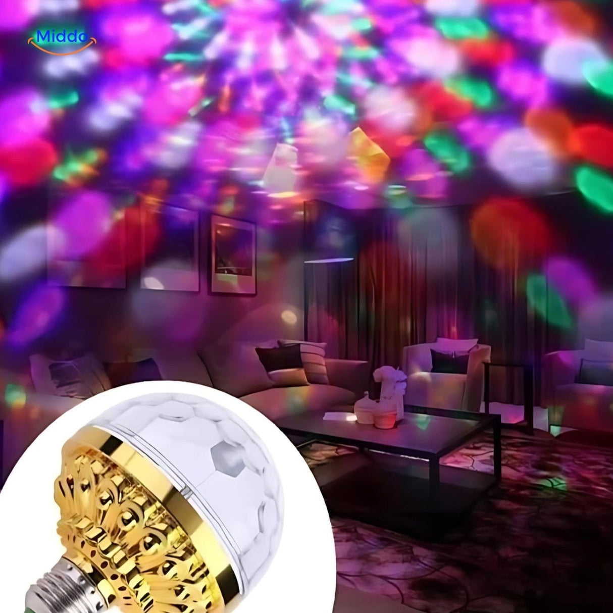Colorful disco ball light creating ambiance in a living room setting.