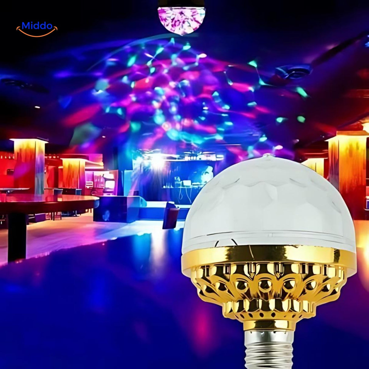 Vibrant disco light illuminating dance floor with rotating color patterns.
