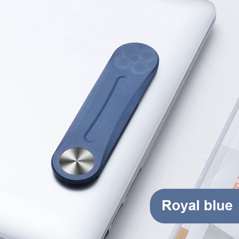 Blue MagnetClip phone mount folded configuration attached to laptop for secure mounting.