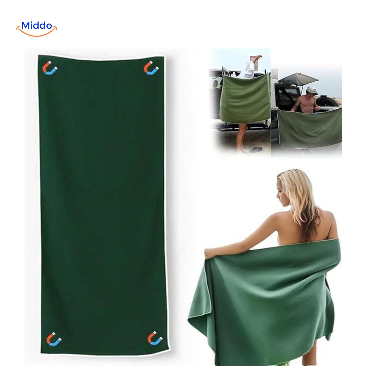 Green microfiber beach towel with magnetic corners for secure placement.