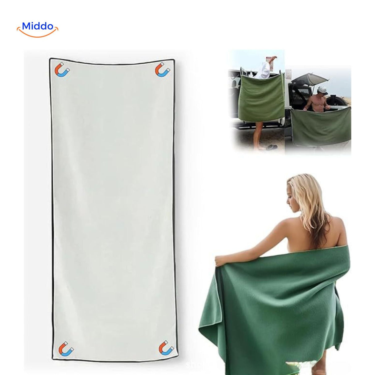 White sand-free microfiber towel with magnetic corner attachment system.
