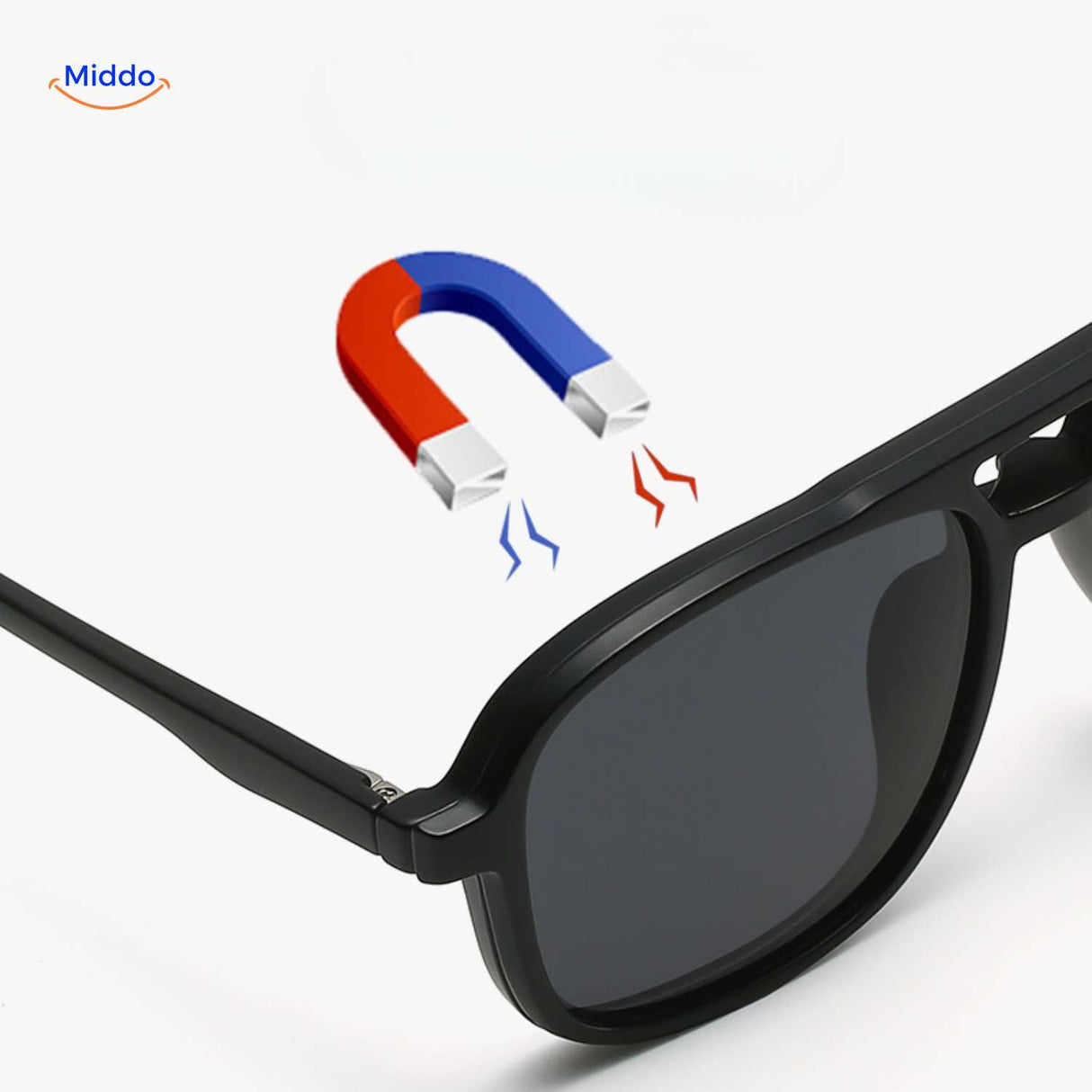 Close-up of the magnetic attachment system showing how clip-on lenses snap onto the sunglasses frame.
