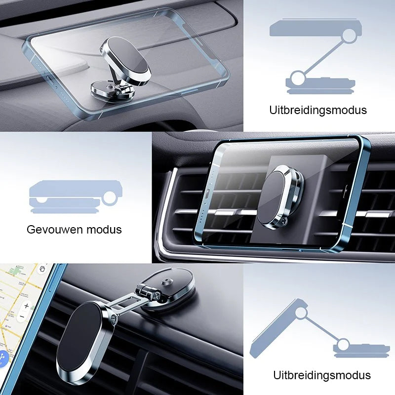 Magnetic phone mount displayed in both expanded and folded positions to show its versatile design.