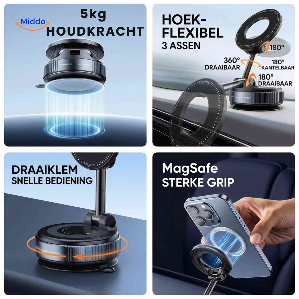 Magnetic phone holder with 5 kg suction strength and rotatable arm for flexible positioning on dashboard