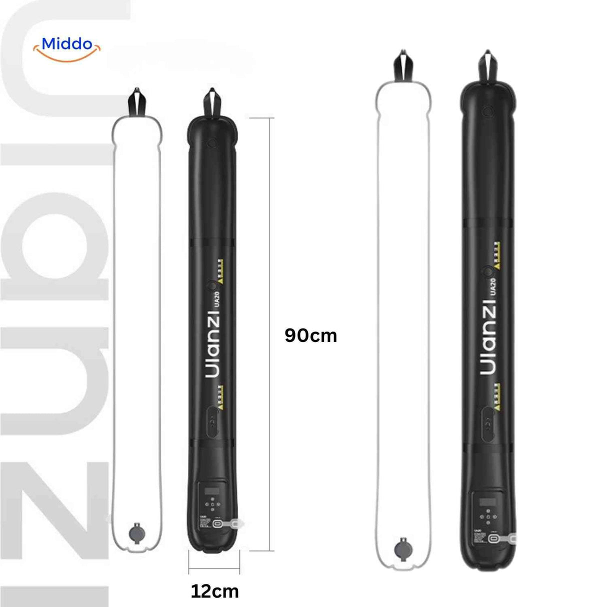 Ulanzi LED magnetic tube light size specifications showing 90cm by 12cm dimensions.