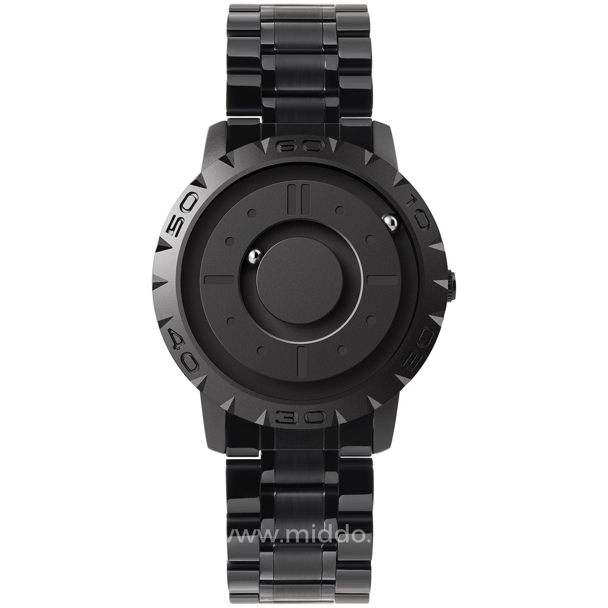 Closeup of magnetic watch showing detailed floating sphere pointer hands.