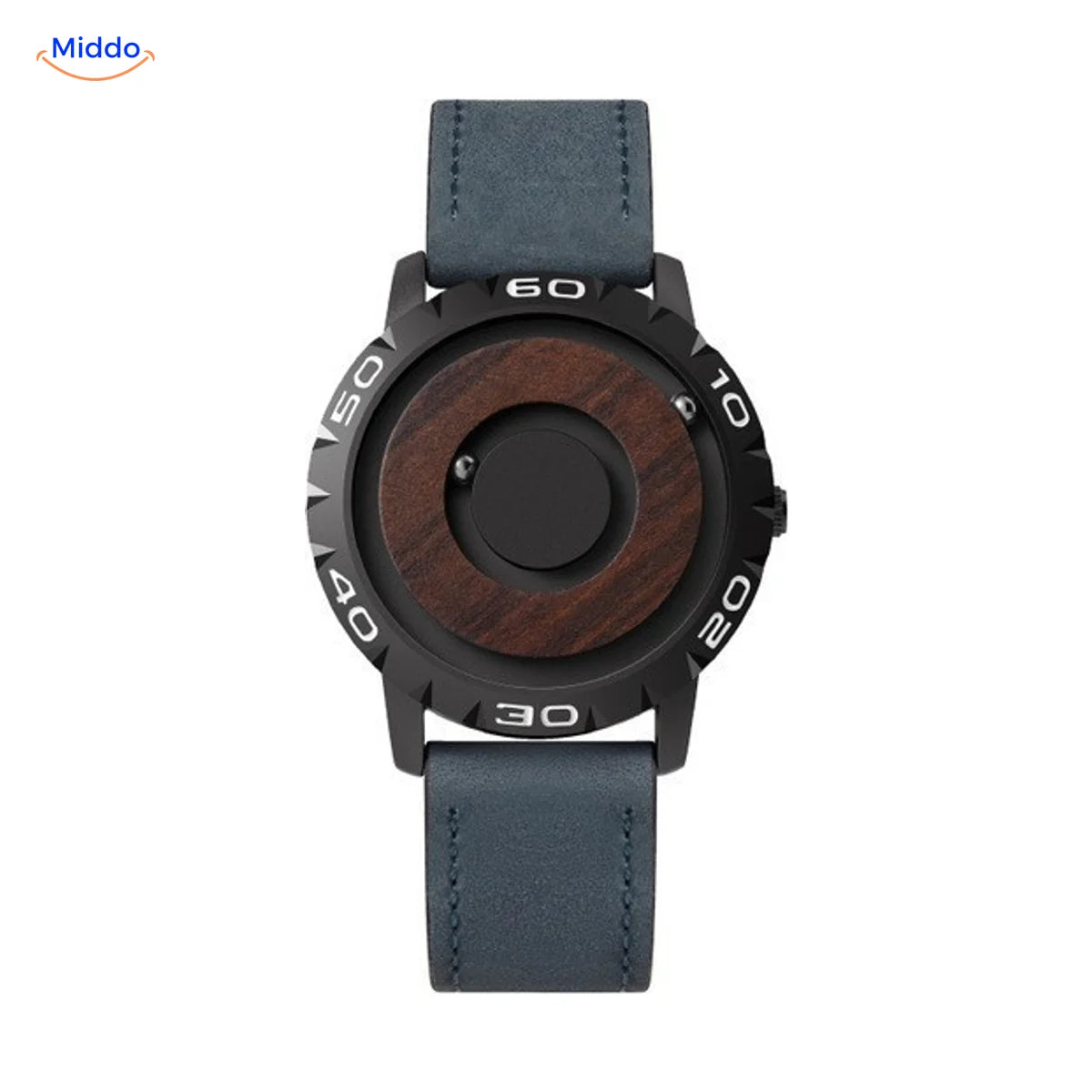 Magnetic Watch with a wooden dial and a blue leather band