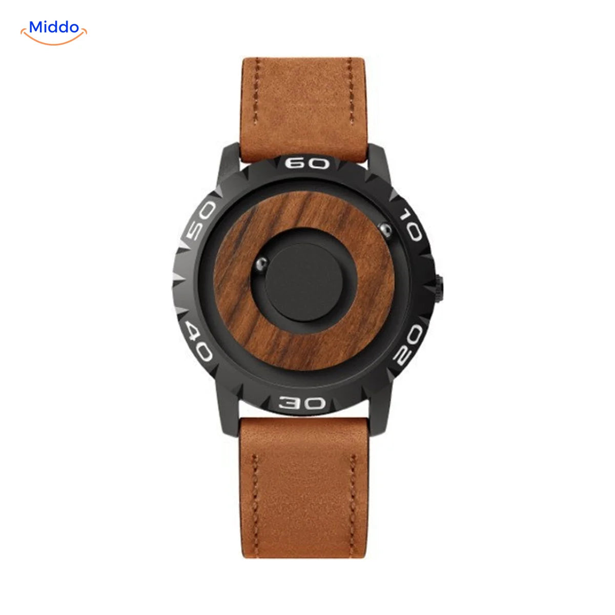 Magnetic Watch with a wooden dial and a brown leather band