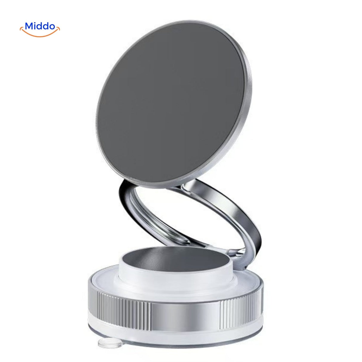 Silver collapsible magnetic phone stand combining portability with stable rotation.