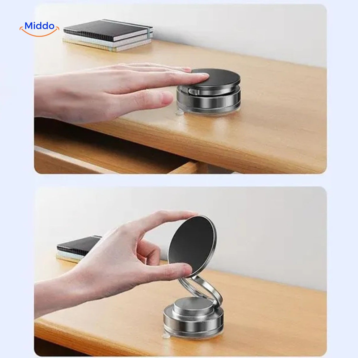 Compact table phone holder with smooth tilt mechanism for adjustable viewing angles.