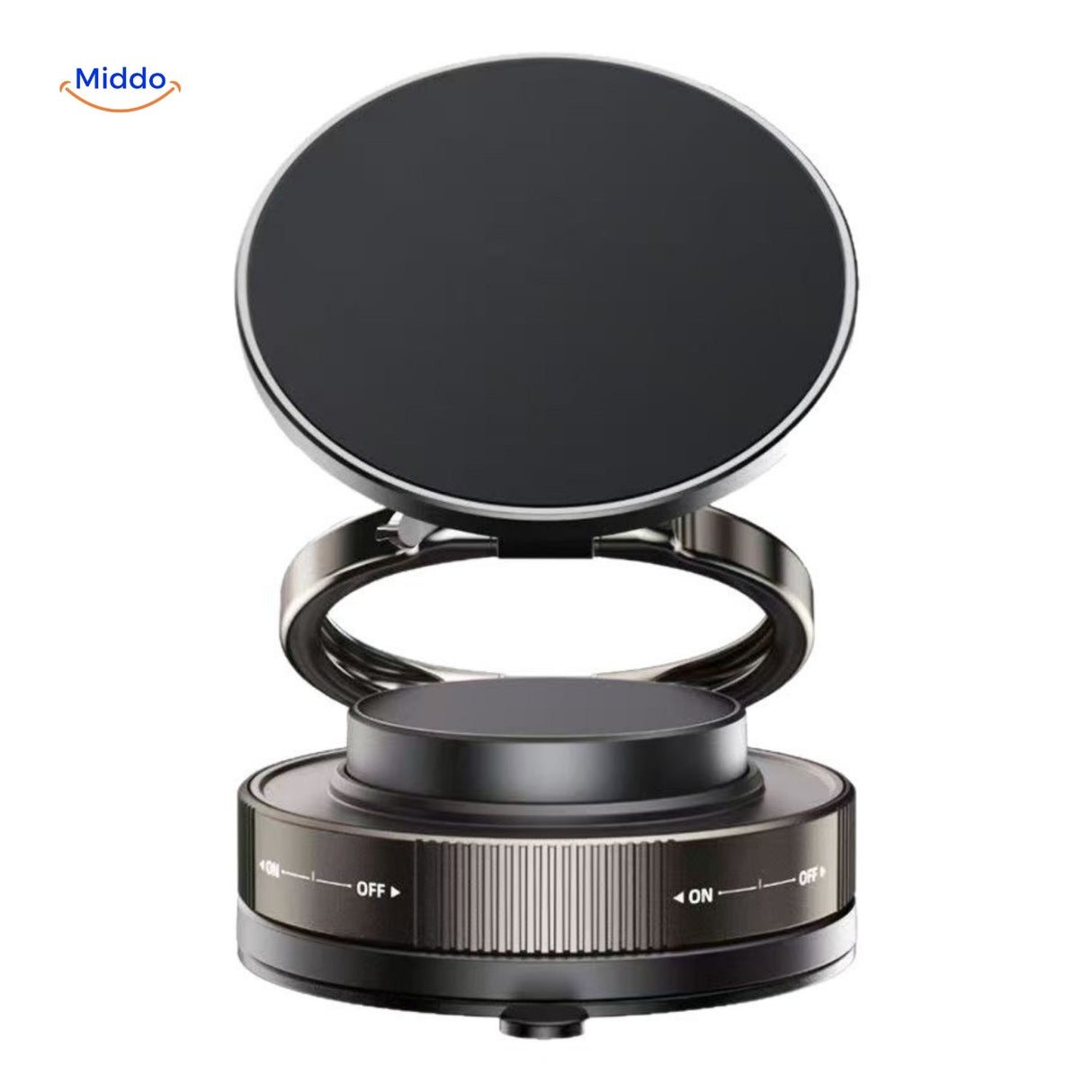 Sleek black magnetic phone stand with 360-degree rotation for flexible positioning.