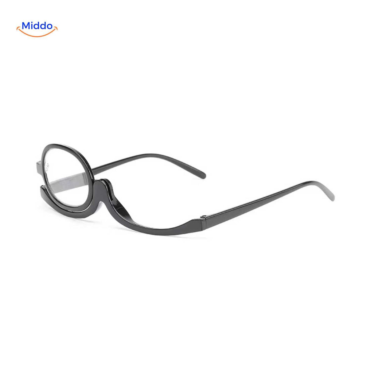 Glossy black rotating makeup reader glasses with single-lens design.
