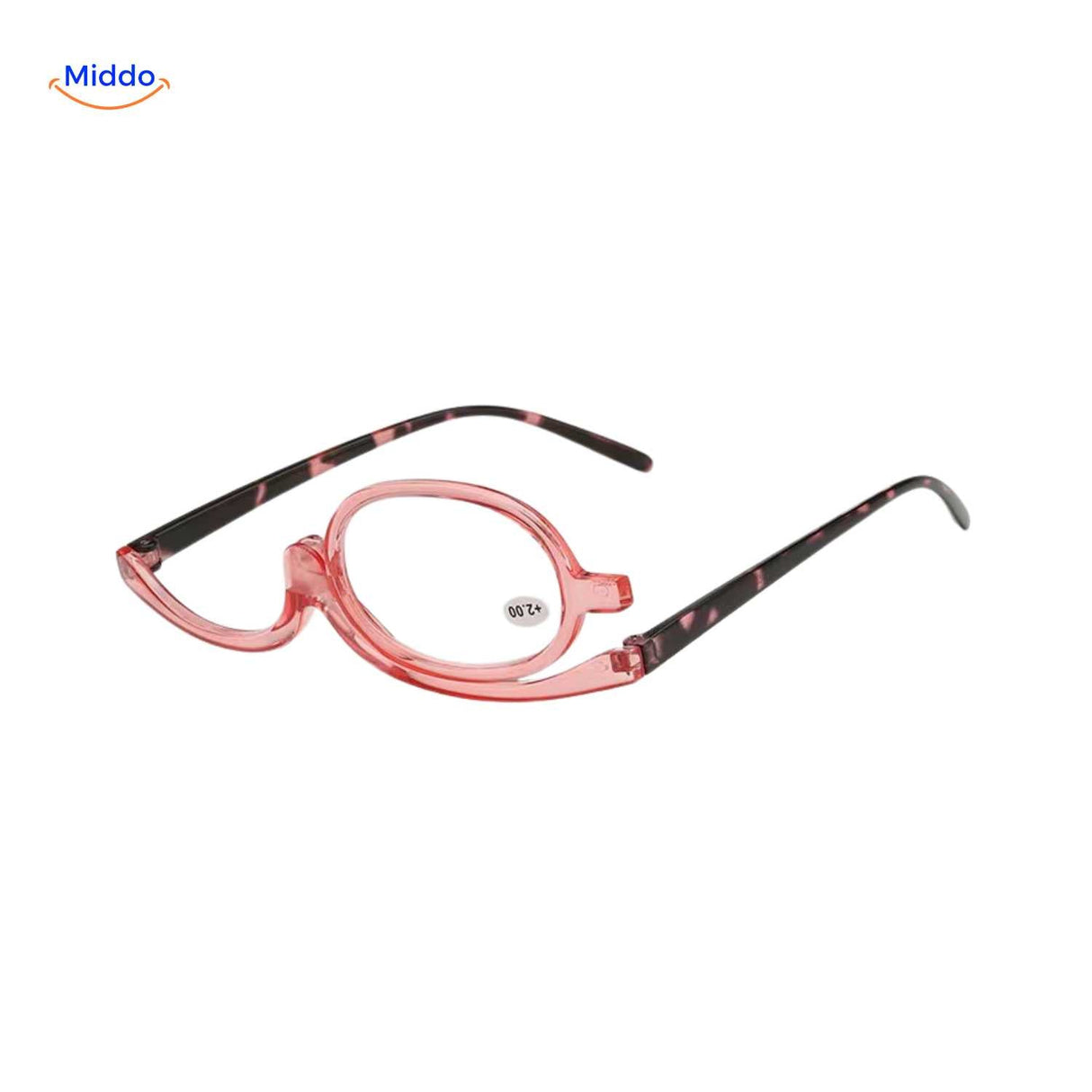 Pink rotating makeup reader glasses with black frame arms for easy application.