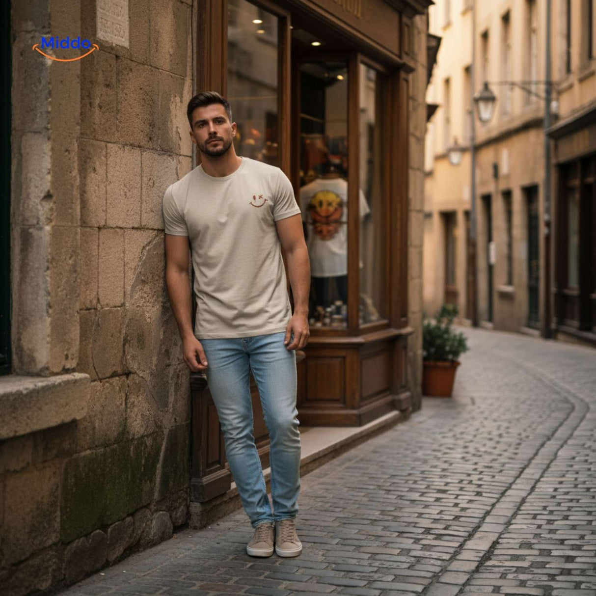 Men's breathable cotton t-shirt with smiley print in casual street fashion pose.