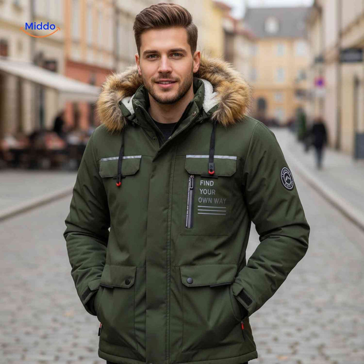 Olive green waterproof men's parka with fur collar and chest pockets.