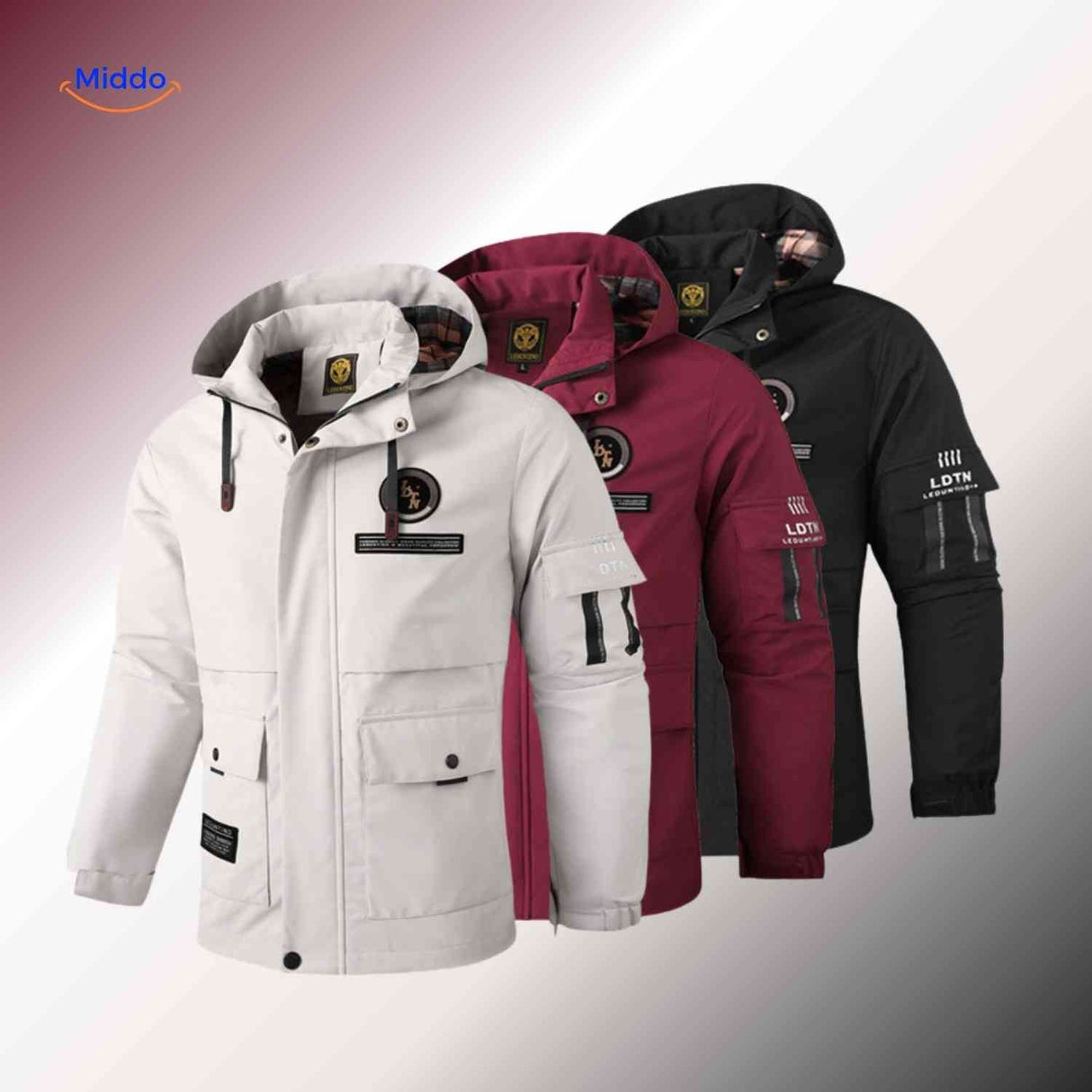 Men's winter jacket set in beige, burgundy, and black with hoods.