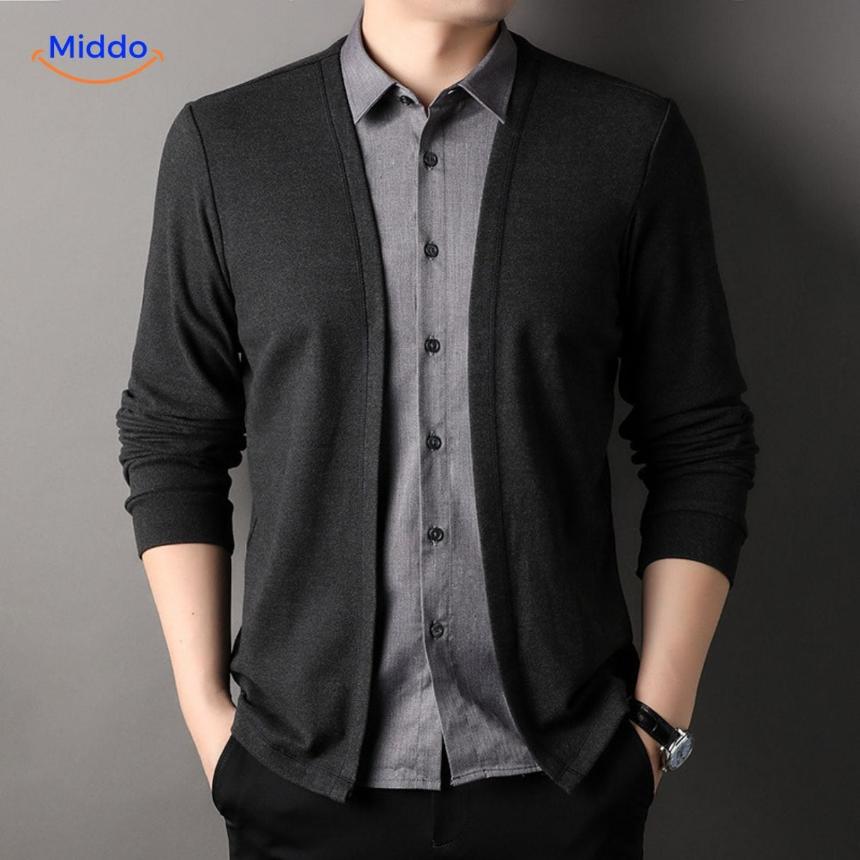 Full display view of men's slim fit 2-in-1 knit shirt.
