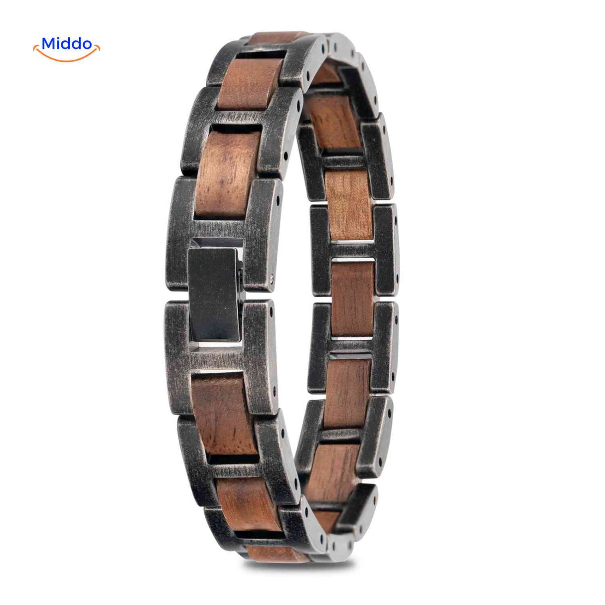 Men's wooden bracelet featuring alternating wood segments and metal chain links.