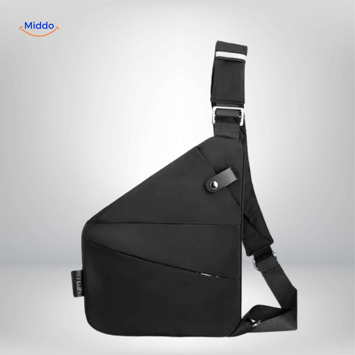 Minimalist sleek black chest bag with clean aesthetic.