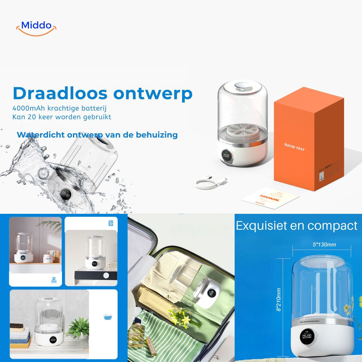 MiniWash Pro portable cordless washing machine with powerful battery in compact design.