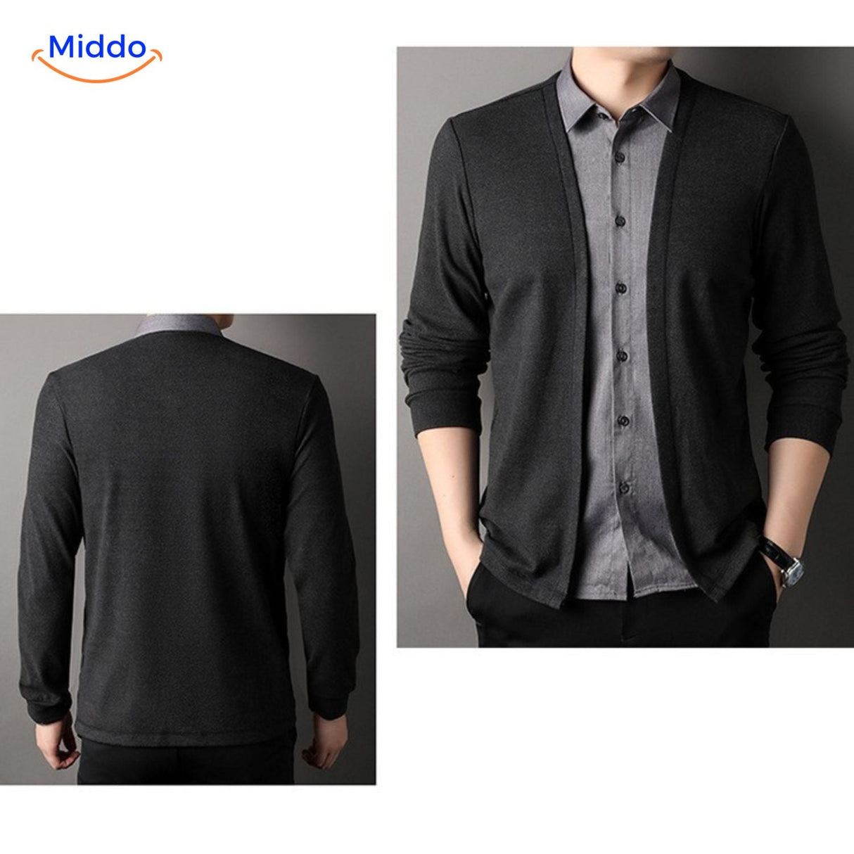 Model in elegant 2-in-1 knit shirt styling.