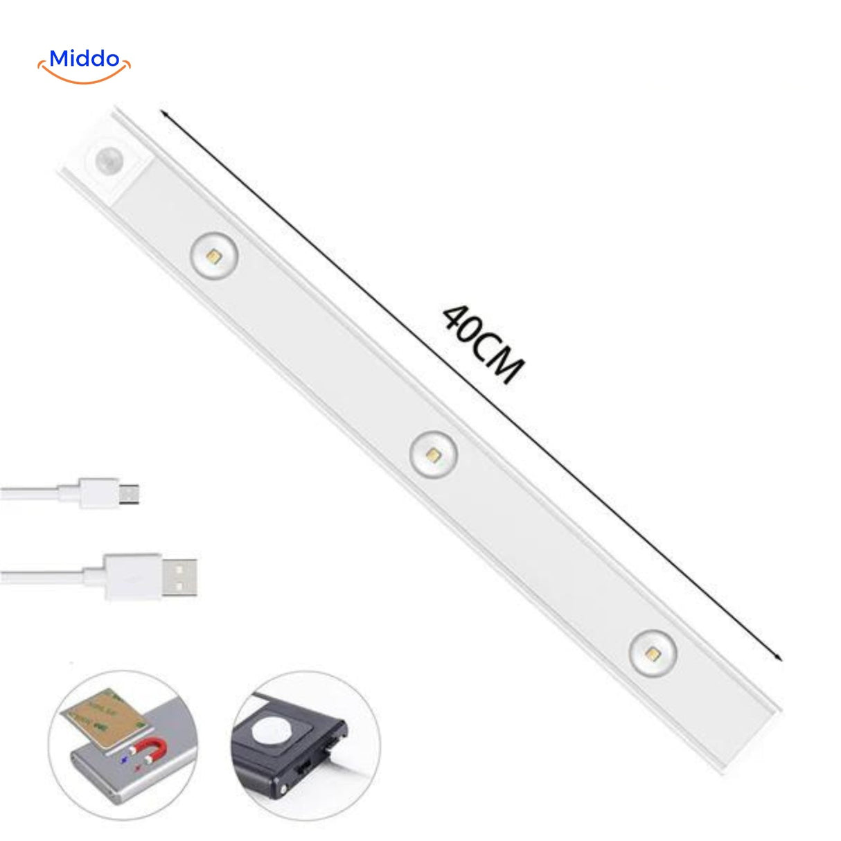 40cm USB LED motion sensor night light suitable for bedroom or cabinet lighting.