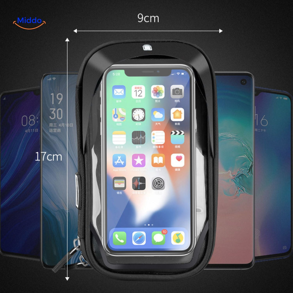 Motorcycle phone mount specifications showing exact dimensions and compatibility measurements.