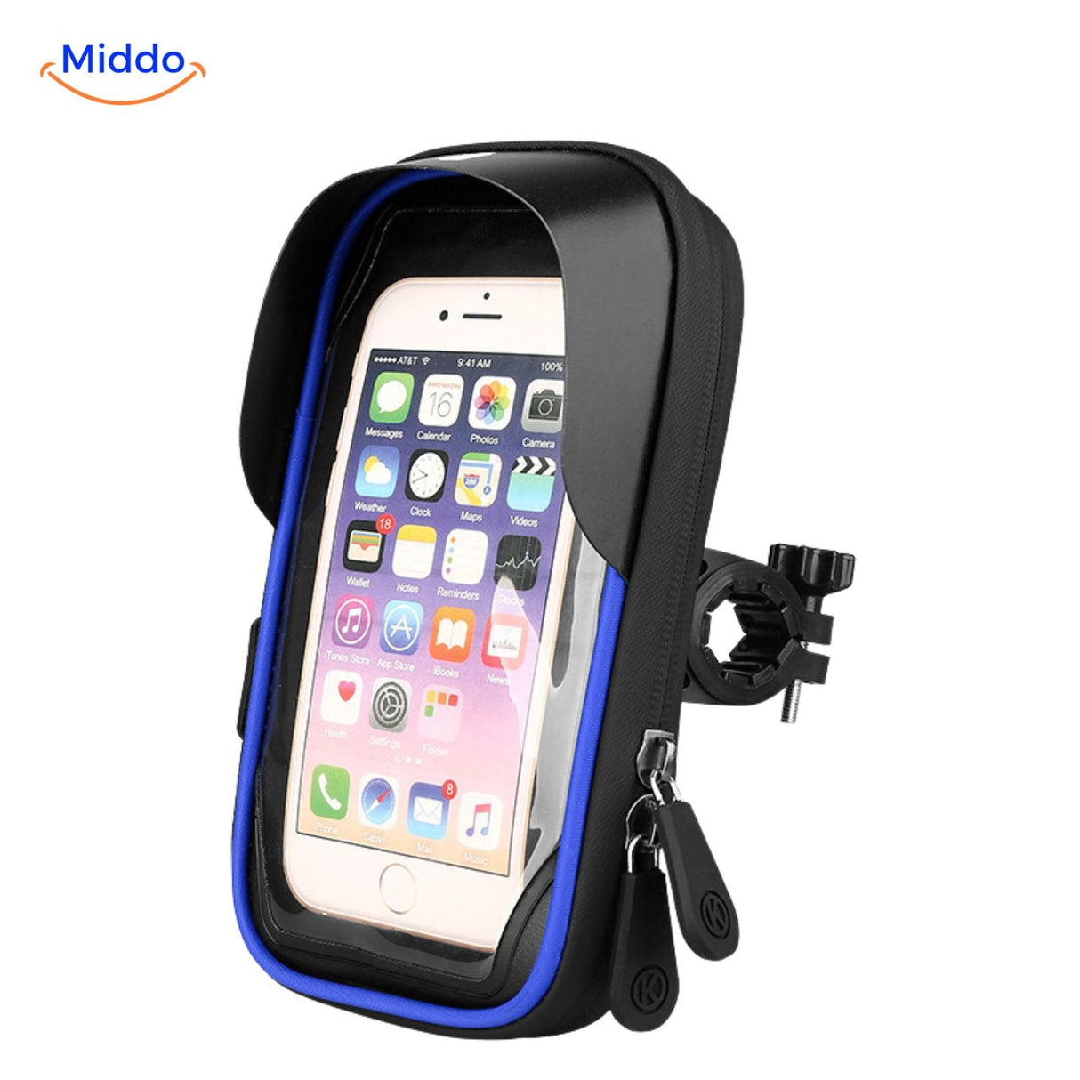 Durable motorcycle phone mount in blue with waterproof protection and touchscreen access.
