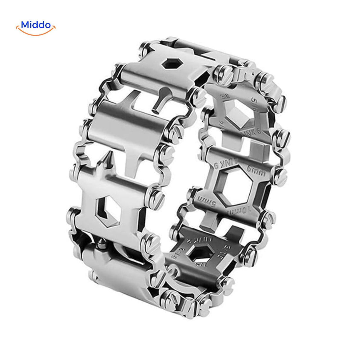Chrome stainless steel multi-tool bracelet displaying integrated tools and finish.
